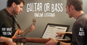 Adult taking bass guitar lesson from private instructor
